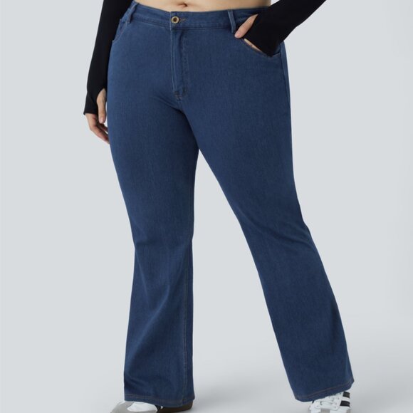 NWT HALARA 1X BLUE FLEX MIDRISE BUTTON ZIP POCKETS STRETCH KNIT FLARE JEANS - Picture 2 of 5